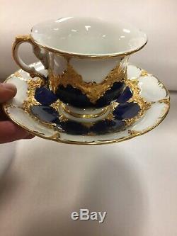 Pair of Antique Meissen Cobalt Blue Gold Tea Cups, Saucers, Plates