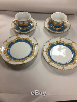 Pair of Antique Meissen Hand Painted Blue Gold Tea Cups, Saucers, Plates