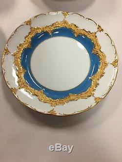 Pair of Antique Meissen Hand Painted Blue Gold Tea Cups, Saucers, Plates