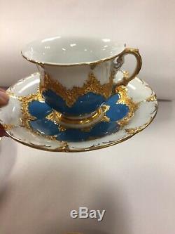 Pair of Antique Meissen Hand Painted Blue Gold Tea Cups, Saucers, Plates