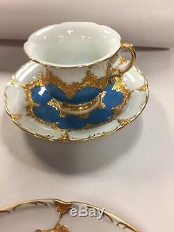 Pair of Antique Meissen Hand Painted Blue Gold Tea Cups, Saucers, Plates