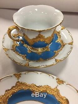 Pair of Antique Meissen Hand Painted Blue Gold Tea Cups, Saucers, Plates