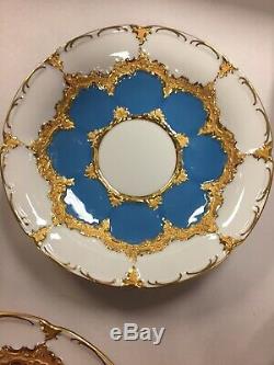 Pair of Antique Meissen Hand Painted Blue Gold Tea Cups, Saucers, Plates