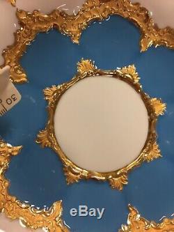 Pair of Antique Meissen Hand Painted Blue Gold Tea Cups, Saucers, Plates