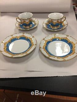 Pair of Antique Meissen Hand Painted Blue Gold Tea Cups, Saucers, Plates