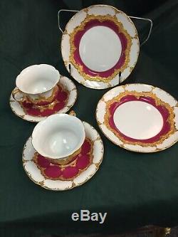 Pair of Antique Meissen Hand Painted Burgundy Gold Tea Cups, Saucers, Plates
