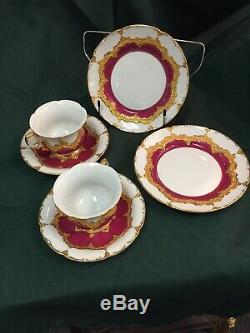 Pair of Antique Meissen Hand Painted Burgundy Gold Tea Cups, Saucers, Plates