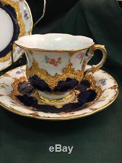 Pair of Antique Meissen Hand Painted Cobalt Blue Gold Tea Cups, Saucers, Plates