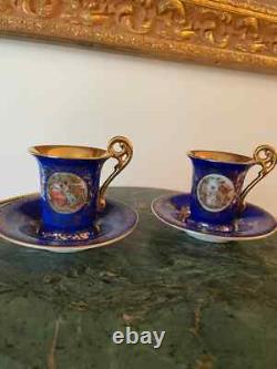 Pair of Gold Hand Painted Cups & Saucers. Bremer and Schmidt BES Vieux Paris