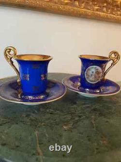 Pair of Gold Hand Painted Cups & Saucers. Bremer and Schmidt BES Vieux Paris