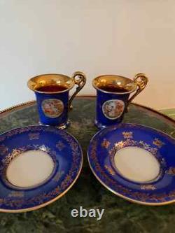 Pair of Gold Hand Painted Cups & Saucers. Bremer and Schmidt BES Vieux Paris