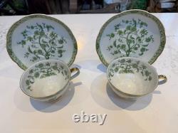 Pair of Haviland Limoges Green Floral Teacups & Saucers French Porcelain, Gold