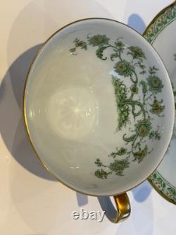 Pair of Haviland Limoges Green Floral Teacups & Saucers French Porcelain, Gold