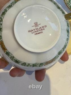Pair of Haviland Limoges Green Floral Teacups & Saucers French Porcelain, Gold