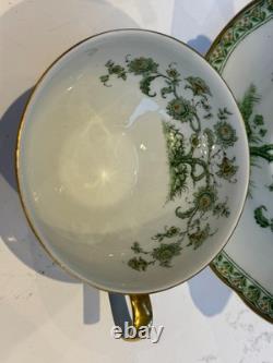 Pair of Haviland Limoges Green Floral Teacups & Saucers French Porcelain, Gold