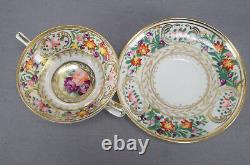 Pair of Nippon Hand Painted Dresden Style Floral & Gold Bouillon Cups & Saucers