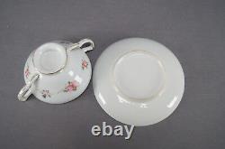 Pair of Nippon Hand Painted Dresden Style Floral & Gold Bouillon Cups & Saucers