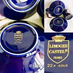 Pair of Rare Limoges Castel 24ct Gold Gilded Cobalt Blue Demitasse Cups & Saucer