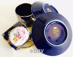 Pair of Rare Limoges Castel 24ct Gold Gilded Cobalt Blue Demitasse Cups & Saucer