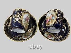 Pair of Royal Vienna Portrait Tea Cup & Saucer Cobalt blue and Gold Elegant
