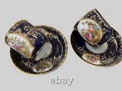 Pair of Royal Vienna Portrait Tea Cup & Saucer Cobalt blue and Gold Elegant