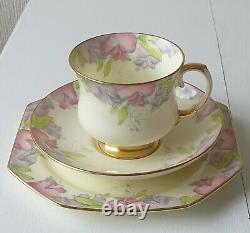 Paragon 1935 Art Deco Trio Set Pink & Lilac Floral Gilded Tea Cup, Plate, Saucer