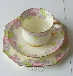 Paragon 1935 Art Deco Trio Set Pink & Lilac Floral Gilded Tea Cup, Plate, Saucer