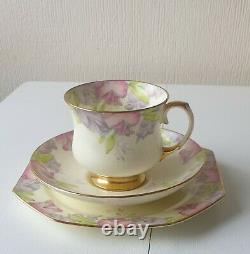 Paragon 1935 Art Deco Trio Set Pink & Lilac Floral Gilded Tea Cup, Plate, Saucer