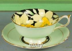 Paragon Bone China Tea Cup & Saucer 1930s Hand Painted Daffodils on Black & Aqua