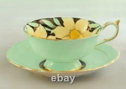 Paragon Bone China Tea Cup & Saucer 1930s Hand Painted Daffodils on Black & Aqua