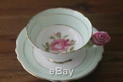 Paragon Cabbage Rose Handle Green Gold Teacup Tea Cup Saucer Flower Center