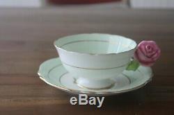 Paragon Cabbage Rose Handle Green Gold Teacup Tea Cup Saucer Flower Center