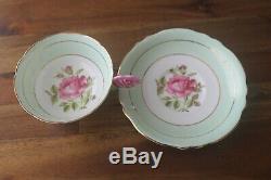 Paragon Cabbage Rose Handle Green Gold Teacup Tea Cup Saucer Flower Center