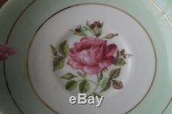 Paragon Cabbage Rose Handle Green Gold Teacup Tea Cup Saucer Flower Center