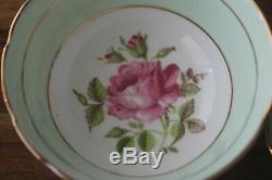 Paragon Cabbage Rose Handle Green Gold Teacup Tea Cup Saucer Flower Center