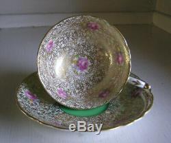 Paragon China Cup & Saucer Green with Gold Chintz & Pink Roses DW 7962