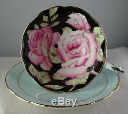 Paragon China Floating Rose Cup & Saucer Set Black Lt. Blue Gold Trim