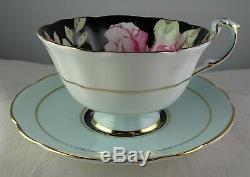 Paragon China Floating Rose Cup & Saucer Set Black Lt. Blue Gold Trim