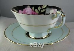 Paragon China Floating Rose Cup & Saucer Set Black Lt. Blue Gold Trim