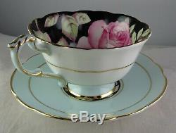 Paragon China Floating Rose Cup & Saucer Set Black Lt. Blue Gold Trim