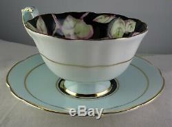 Paragon China Floating Rose Cup & Saucer Set Black Lt. Blue Gold Trim