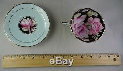 Paragon China Floating Rose Cup & Saucer Set Black Lt. Blue Gold Trim