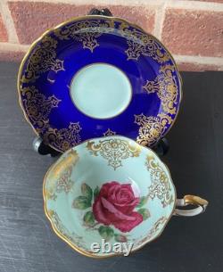 Paragon Cobalt Blue Rose Gold Rim Bone China Footed Cup and Saucer. Beautiful