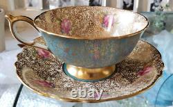 Paragon Cup & Saucer Mini Pink Rose Lace Pattern Turquoise Blue Gold Vintage