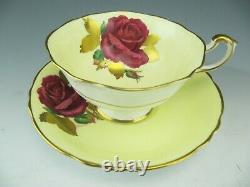 Paragon Cup & Saucer Yellow Ground Red Rose Gold Leaves A1562 Signed R Johnson
