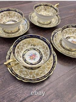 Paragon Double Warrant Teacups & Saucers Cabbage Rose In Colbalt & Gold Gilt x4