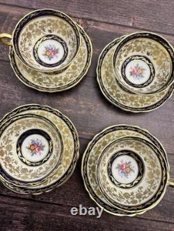 Paragon Double Warrant Teacups & Saucers Cabbage Rose In Colbalt & Gold Gilt x4