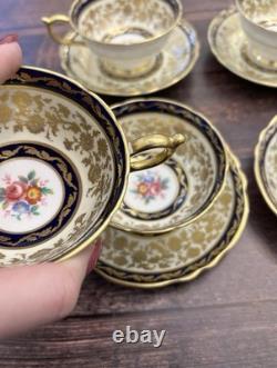 Paragon Double Warrant Teacups & Saucers Cabbage Rose In Colbalt & Gold Gilt x4