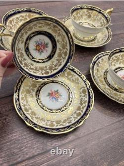 Paragon Double Warrant Teacups & Saucers Cabbage Rose In Colbalt & Gold Gilt x4