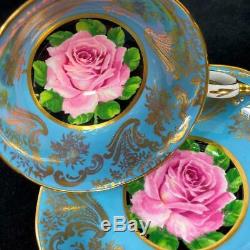 Paragon England Large Cabbage Rose Gold Filigree Turquoise Cup Saucer A1695/3